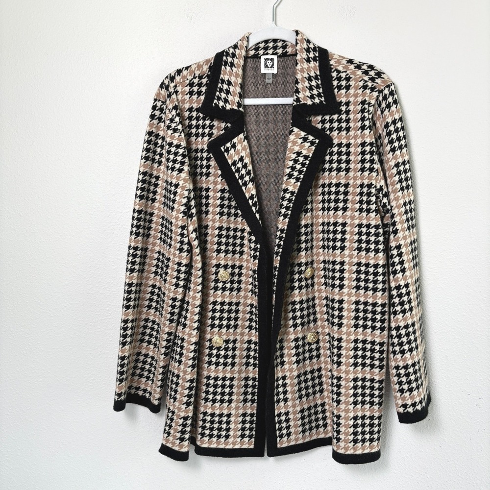 Anne Klein Blazer Sweater Size L Tan Black Houndstooth Knit Gold Buttons Open